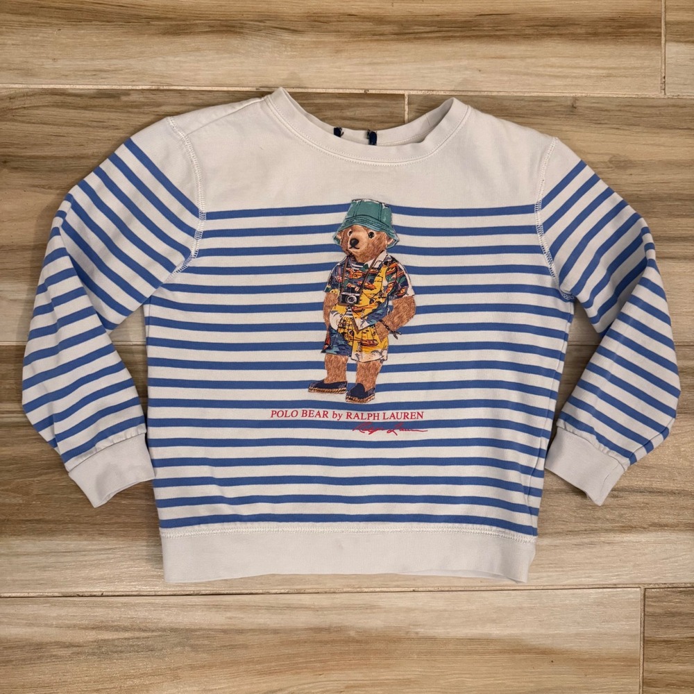 Polo Ralph Lauren Polo Bear Striped Sweatshirt Blue White Kids Size 10/12 M